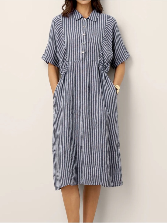 Lintico Dresses & Skirts - Lintico - Cassandra 100% Linen Striped Midi Shirt Dress